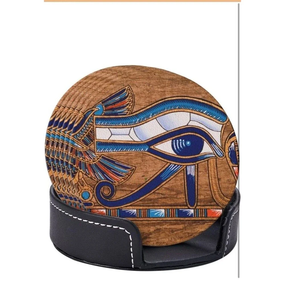 Set Of Six Leather Coasters Decorated With Ancient Egyptian Scenes Leather